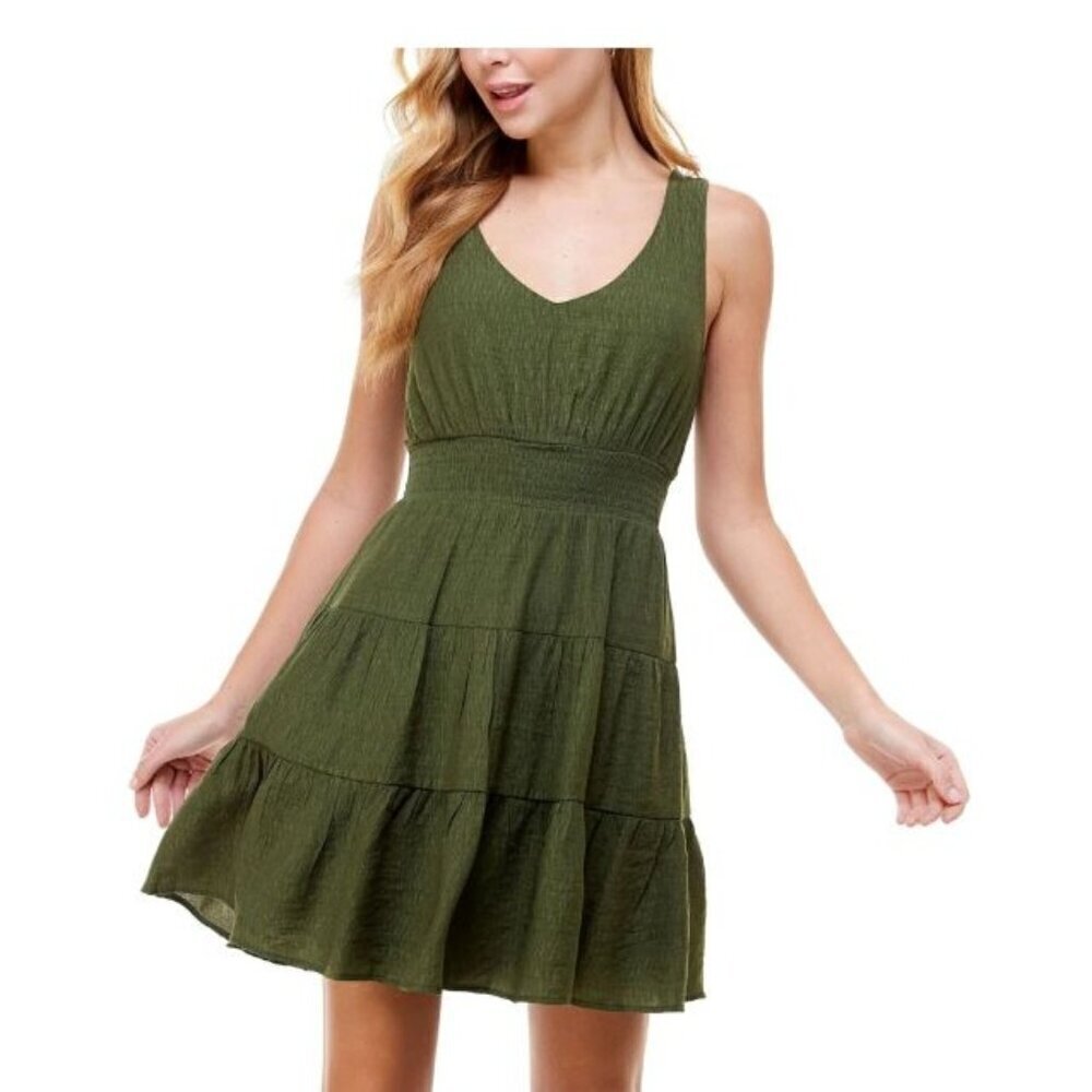 City Studio Green Smocked Tiered Mini Dress S